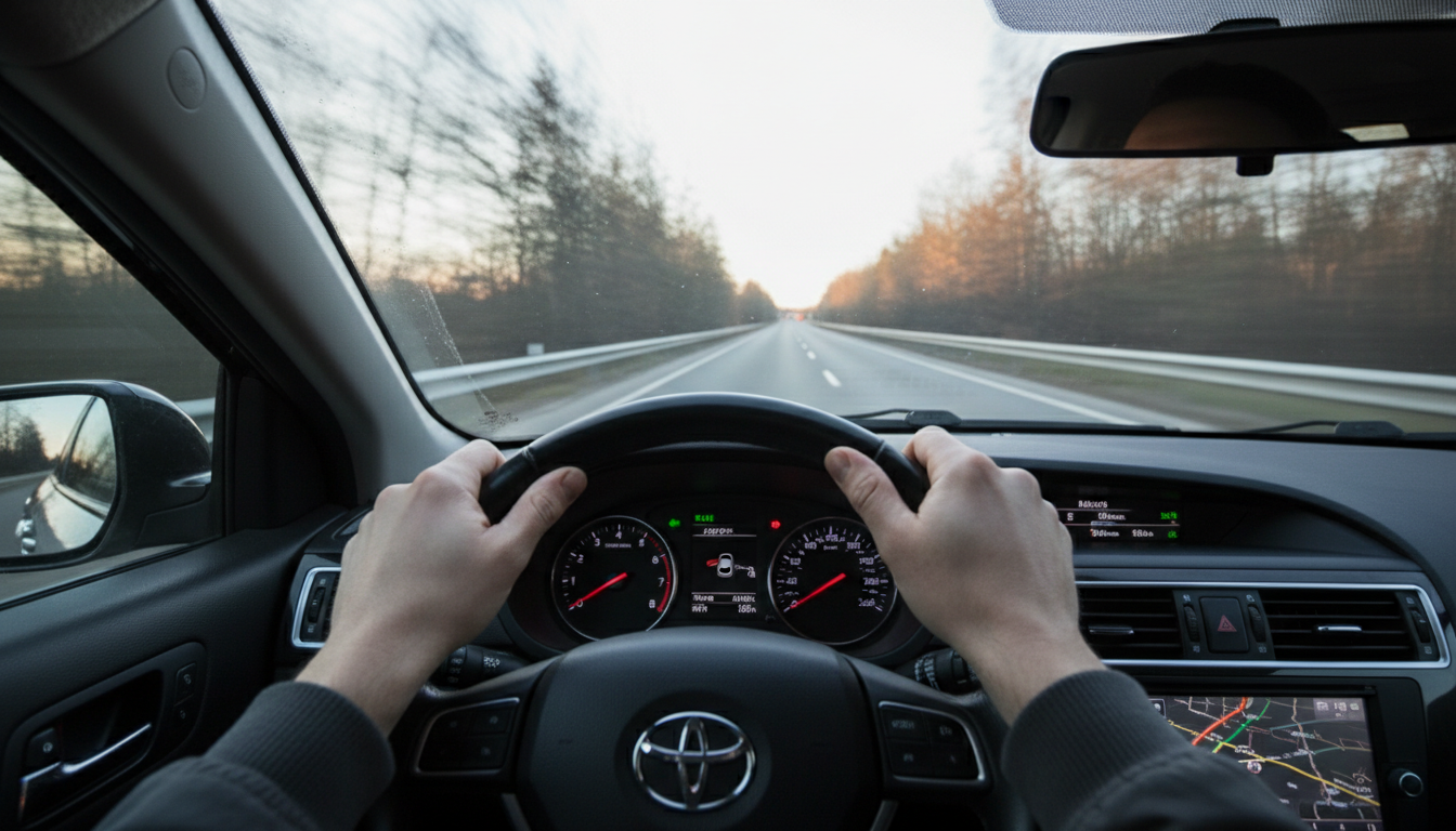 приборная панель автомобиля, дрожащие руки на руле, размытая дорога через лобовое стекло